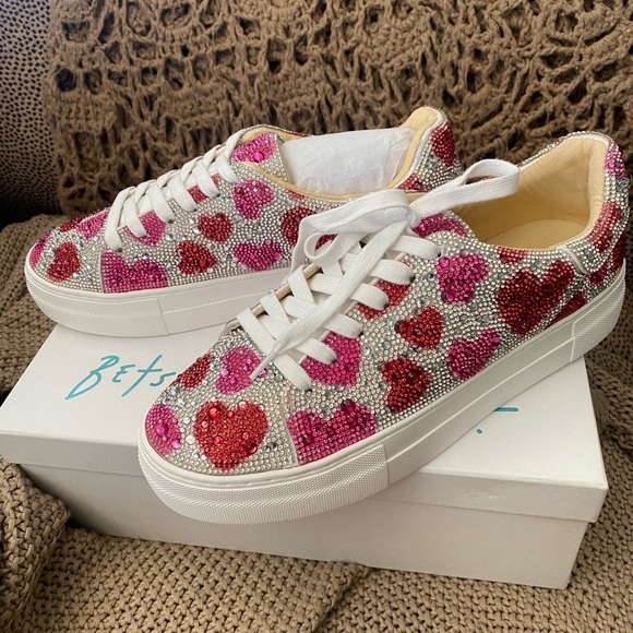 Betsey Johnson Shoes - Betsey Johnson White Sneakers with Pink and Red Heart Crystals